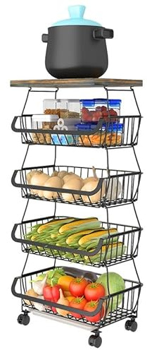 KLLsmDesign Paniers en fil métallique avec roulettes, organiseur de rangement empilable pour cuisine, salle de bain, bureau, chariot fruits et légumes, étagère vaisselle bois