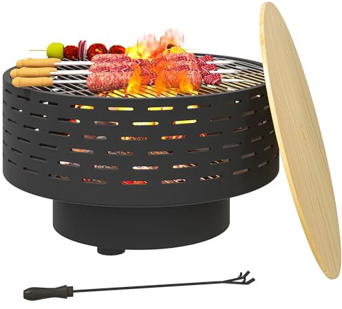 Outsunny 3-in-1 Feuerschale Ø60 x 39cm aus Edelstahl Feuerstelle mit Grillrost Schürhaken Funkenschutz in Holzoptik Feuerschalen Feuerkorb für Garten, Balkon Terrasse, Outdoor BBQ Camping Kohlegrau