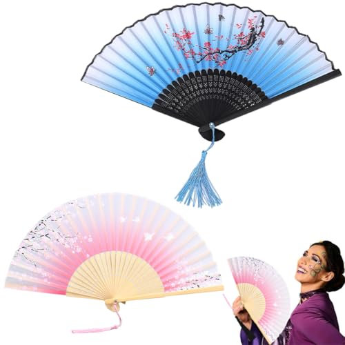 OHREN 2 pezzi ventagli pieghevoli con frangia in seta, ventilatori pieghevoli, ventagli a mano portatili, per ventaglio matrimonio, danza(blu, rosa)