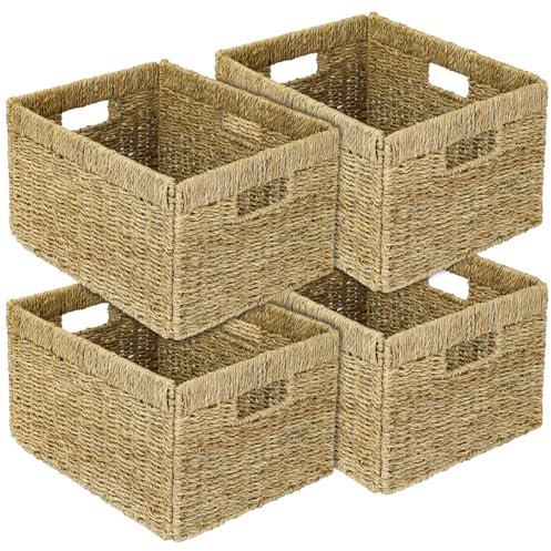 HMF Cesta de almacenamiento trenzada de algas marinas, juego de 4, apto para Billy, 35 x 25 x 20 cm