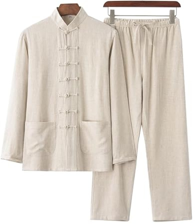 DAYKET Uniforme da Uomo Tai Chi, Tuta Tradizionale Cinese per Arti Marziali in Cotone e Lino Kung Fu Tangzhuang, Set Top a Maniche Lunghe + Pantaloni,Khaki-XL