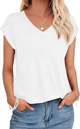 YUTILA t-shirts d'été décontractés pour femme - Couleur unie - Manches courtes - Col en V - Décontracté