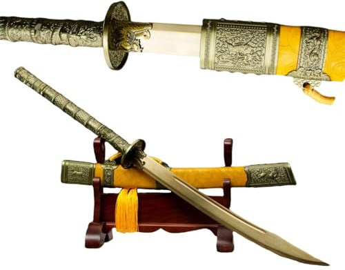 LOONGSWORD Kangxi Dao Sword 40.75” | Hand-Forged Gold-Tint High Manganese Steel Blade | Yellow Faux-Leather Wood Scabbard | Qing Dynasty Style | Martial Arts & Display Sword
