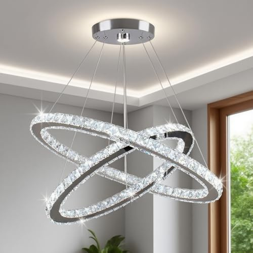 Jenvkoil Double-Ring Crystal LED Chandelier, Modern Height Adjustable Pendant Ceiling Light with K9 Crystals, Ø25 cm Canopy, 6000 K Cool White for Living Room, Dining & Stairwell