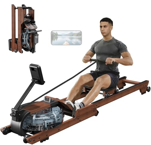 Dripex Water Rowing Machine, Foldable Home Rowing Machine with Bluetooth App, Solid Rubber Wood Dual Rail Rower Machine for Home Use, 150kg Weight Capacity, Foldable Rowing Machines for Home Gym UK