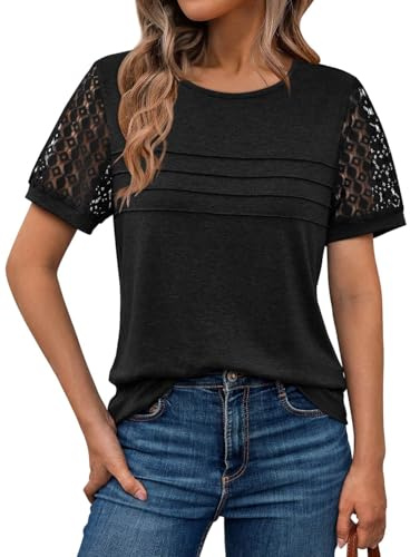 Suncife Maglietta da donna elegante in pizzo a maniche corte Top Estiva Business Casual T-shirt Blusa, Nero , XXL