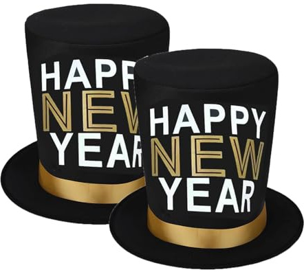 HEREER 2 Pcs Black Gold Happy New Year Top Hat Silvester Partyhüte for Männer und Frauen Silvesterpartydeko 2026 New Year's Eve Party Supplies 2026