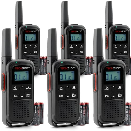 TechSide TS-T3 Go PMR446 Walkie Talkie, 16 kanaler, 10 km räckvidd, USB-C-laddning, med laddningsbara batterier, LED-ficklampa, 6-pack