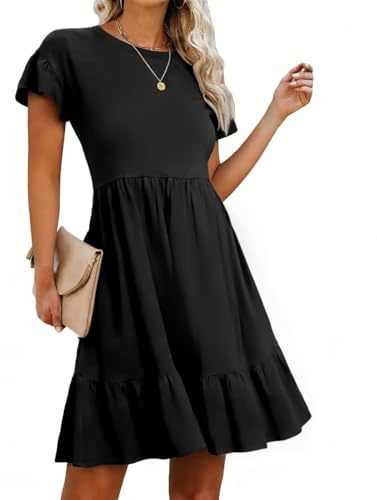 LEEDYA Summer Dresses for Women Crew Neck Short Sleeve A Line Tiered Dress Flowy Casual Midi Beach Dresses with Pockets
