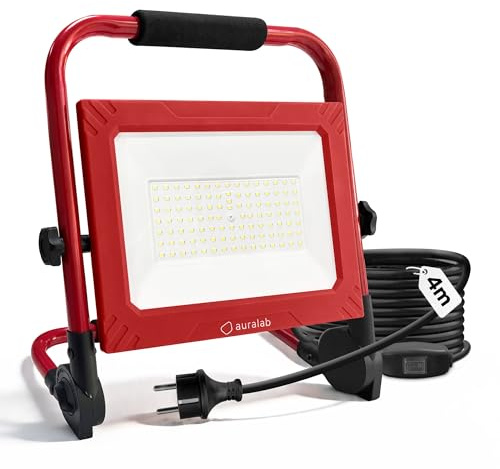 auralab LED Arbetsbelysning 100 watt med strömbrytare, 10000 lumen bärbar bygglampa med 4 meter kabel, IP65 vattentät arbetslampa med stativ, 6500K strålkastare för garage, verkstad, camping