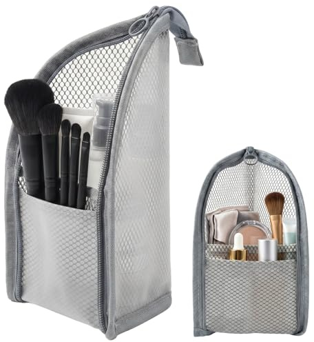 Trousse de Toilette Verticale Imperméable, Support pour Pinceaux de Maquillage Pliable, Organisateur de Cosmétiques Portable pour Accessoires et Brosse à Dents (Gris)