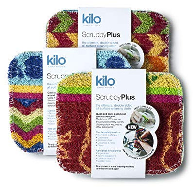 Kilo LSET25 Scrubby Plus Lot de 3 éponges à récurer Anti-Rayures avec côté Chiffon de Nettoyage délicat, Multi-usages, Couleur, Taille Unique