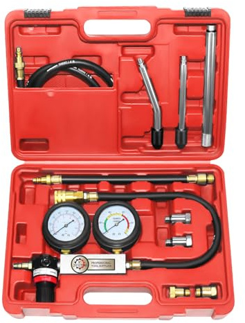 JIFETOR Cylinder Leak Down Tester Kit, Automotive Engine Compression Dual Gauge Leakdown Test Set with 10 12 14 18mm Spark Plugs Universal for Small Engine Motorcycle ATV, Red Case