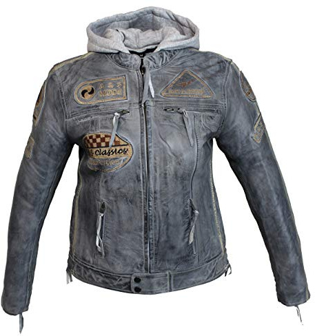 Euro Stars Giacca da motociclista da donna, in pelle, colore grigio, con cappuccio e protezioni, da motociclista, da donna, in pelle, da donna, colore grigio grigio. M
