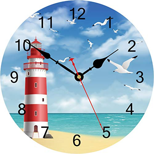 TAHEAT Lighthouse Seagull Wall Clock, Wooden Battery Operated Clocks, Silent Non Ticking Easy to Read Wall Clock for Kitchen/Bedroom/Living Room, 14 Inch