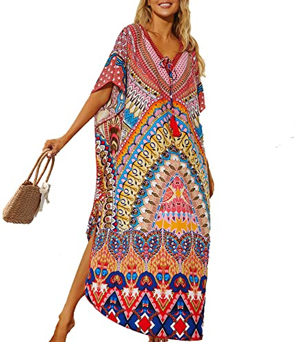 Lazz1on Mujer Kaftan Largo Vestido de Playa Maxi Verano Pareos Bohemio Bikini Cover Up