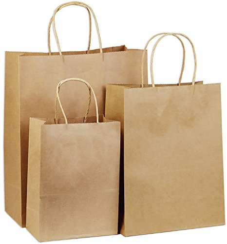 Braun Papiertüten mit Henkel 30 Stück, Groß+Mittel+Klein Papier Geschenktüten Set, 130GSM kraftpapier tüten, gut für Einkaufstüten,Partytüten,Geschenktüten,Hochzeitstasche - 10 Stück pro Größe