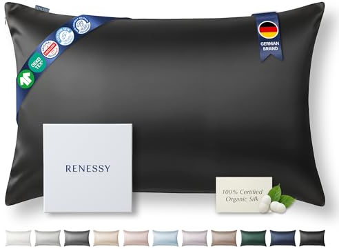 RENESSY Federa in Seta 100% Bio 50x75 cm - 22 Momme Seta di Gelso, Grado 6A, Certificata Oeko-Tex in Germania - Lusso per i Capelli e la Pelle, 1 Pezzo (Nero)