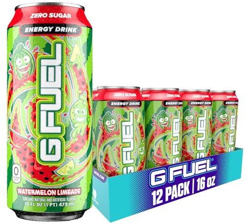 G Fuel Energy Drink, Watermelon, Sugar Free Beverage with 300mg Caffeine, Daily Energy Boost with Focus Amino, Vitamin + Antioxidants, 16 oz Cans (Watermelon Limeade, 12-Pack)