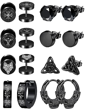 Morfetto 8 paar Herren Ohrstecker Wikinger Ohrringe Edelstahl Vintage Huggie Creolen Schwarze Ohrstecker Für Männer Nordischer Wikinger Schmuck Valknut