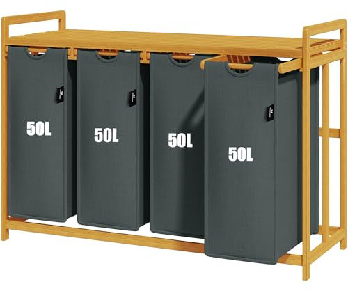 Tiklife Wäschekorb 4 Fächer Aufbewahrungskorb für schmutzige Kleidung Artikelaufbewahrungssortierer einziehbarer abnehmbarer Wäschesack Bambus Wäschekorb 200L Grau