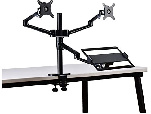 Soporte de TV Soporte for monitor y computadora portátil, soporte for monitor con resorte de gas for dos pantallas planas curvas de 17-32 y una computadora portátil de 12-17 con abrazadera en C, bas