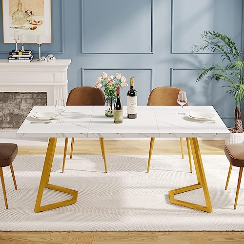 Tribesigns Modernt gyllene matbord, 140 x 80 cm vitt köksbord med guldfärgade metallben, konstgjord marmor, litet matrum köksbord för 4–6 personer, rektangulärt matbord för lägenhet
