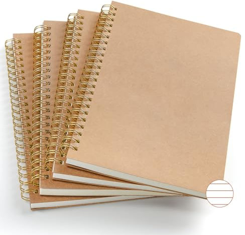 VEESUN Notizblock A5 Liniert 4 Stück: Notizbuch 80 Blatt/160 Seiten Spiralblock Kraft Cover Block Skizzenblock Tagebuch Spiralbindung Geschenk fur College Büro Zurück zur Schule