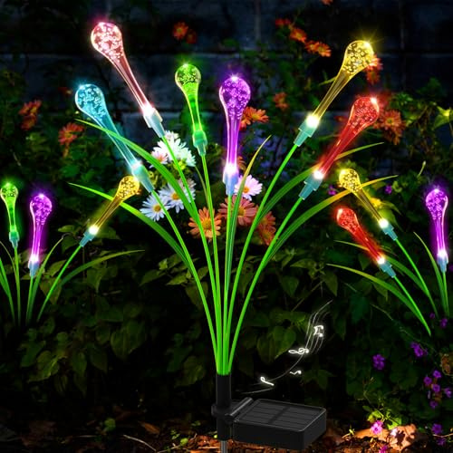 Lampade solari per esterni da giardino, 2 pezzi, 6 LED, colorate, a forma di goccia, da giardino, per esterni, aggiornate, modalità opzionali, luci solari da giardino, IP65, impermeabile, decorazione
