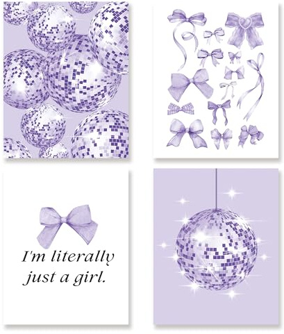 KSDUT Set di 4 stampe artistiche da parete viola preppy, stampe artistiche alla moda, motivo coquette, palla da discoteca, decorazione da parete per camera da letto e camera da letto per ragazze, 20,3