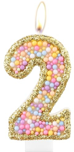 Velas de 2º Cumpleaños de Macarón, Vela Dorada Número 2 para Tarta, Velas de Perlas de Color, Decoraciones de Cumpleaños Temáticas de Macarón, Vela de Cumpleaños con Bengala Adorno para Tarta para