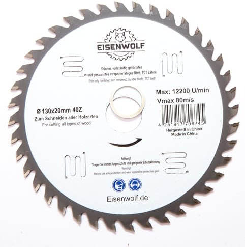 Eisenwolf Hoja de sierra circular de 130 x 20 mm para madera con 40 dientes TCT inclinados y cortes láser para reducción de ruido