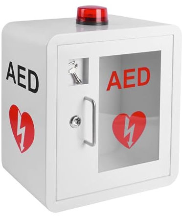 AED-defibrillator Väggmonterat förvaringsskåp, väggmonterad hjärtdefibrilleringslarmlåda i stål med nyckel, första hjälpen-väska, passar de flesta AED-modeller 14,1 * 7,9 * 15,7 tum