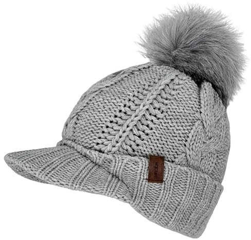 Gorro de punto para mujer WEROR – Gorro con pompón con visera, gorro de pantalla, gorra de invierno - Gorro con pantalla - Gorro de invierno forrado – WEROR-446.1, gris, Talla única