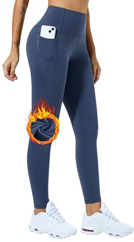 Enjoyoga Thermo Leggings Damen mit Taschen [für Winter] - High Waist Sporthose Laufhose Yogahose Geeignet für Sport und Alltag - M 05(Blau)