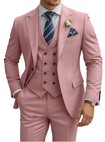 TIJOFA Mens Suit 3 Piece Slim Fit Suits for Men Double Breasted Suit Wedding Prom Suits Formal Business Dinner Tuxedo, Dusty Rose, S