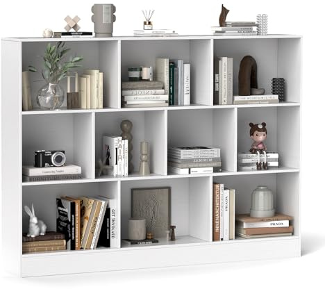COSTWAY Estantería de 10 Cubos, Libreria Estanteria con 3 Niveles, Estanteria Libros de Madera Salon Dormitorio, 140 x 24 x 104 cm (Blanco)