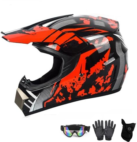 Kinder Motorradhelm,Jugend Offroad-Helme,Downhill Fullface Motocross Helm,MTB ATV MX-Helme,Crosshelme Motorradhelme,Fullface Helm MTB Mit Brille Handschuhe(A,M(54~55cm))