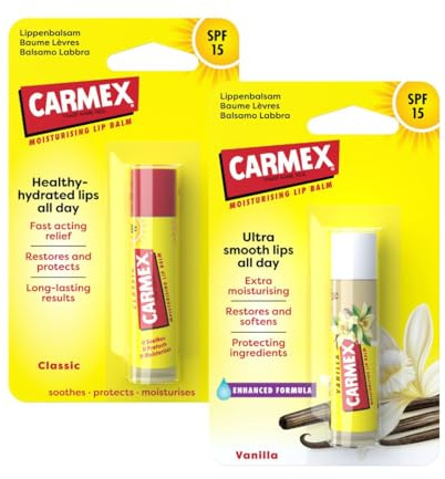 Carmex Balsamo Labbra idratante e lenitivo, con protezione solare SPF 15, confezione con 2 burrocacao, composta da Stick Classico e Stick Vaniglia