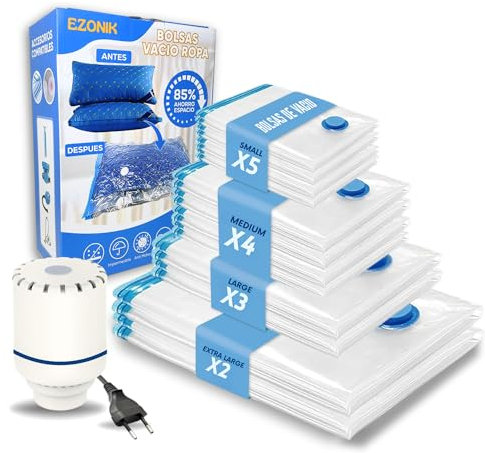 15 PACK Bolsas Vacío Ropa con Bomba Eléctrica - Reduce Espacio con Diferentes Tamaños - Ahorro Grande para Guardar Ropa, Edredones, Mantas. Almacenaje al Vacio. Vacuum Storage Bags - Ideal Viajes.