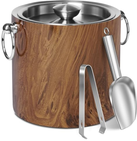 CAOANTRY Ice Bucket with Lid & Tong- Well Made Insulated Stainless Steel Keep Ice Frozen Longer - Ideal for Cocktail Bar, Parties, Chilling Wine, Champagne - 3 Liter (Teakwood)