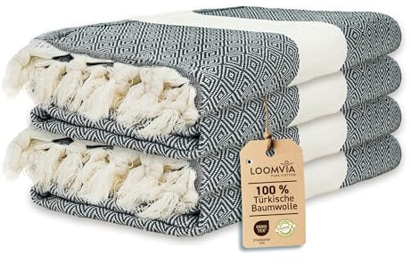 Loomvia | 4er Pack | Hamamtuch groß 100x180 aus 100% Baumwolle – Strandtuch, Saunatuch, Badetuch, Saunahandtuch | Saugstark & leicht | Saunatuch Damen & Herren für Strand, Sauna, Bad | Schwarz