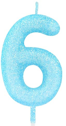 mciskin Glitzernde Kerzen für Geburtstag, Mädchen, blaue Zahl 6 Kerzen für Kuchen, blaue Dekorationen zum 6. Geburtstag, Dekoration für Mädchen und Jungen, Macaron-Kuchen, Cupcake-Topper für Party