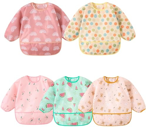 Yealoo 5Pcs Babero con Mangas Impermeable 5-30 Meses Baberos Babetes Bebe lavables