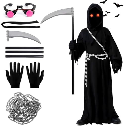 TISMHGKU Déguisement Faucheur Enfant Halloween, Costume Complet Grim Reaper avec Robe Reaper, Capuche, Faucille, Chaînes, Gants et Lunettes Lumineuses, Cosplay Halloween Garçon et Fille 5–14 Ans (S)