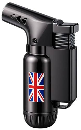 BML Metal Jet Flame Torch Lighter Windproof Refillable Angled Nozzle UK Flag Design Ideal for Home Kitchen and Outdoor Use (Black)