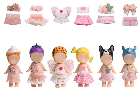 6 Set Dockkläder för Sonny Angel 7,62cm Dockor, Vuxna Samlarkläder med Toppar och Kjolar Modeaccessoarer Minifigurer för Visning och Dekoration (Rosa)