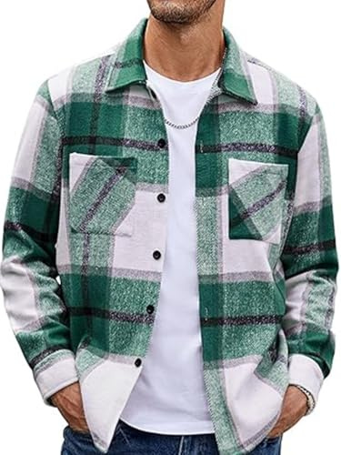 EUDOLAH Chemise Flanelle Homme à Carreaux Surchemise Manches Longues en Coton Style Bûcheron Col Button Down et Coupe Regular Fit Style Vintage Décontracté (2XL,Vert)