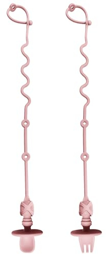 4PK Baby Spoon and Fork with Holder Straps for Kids Aged 6+ Months Self Feeding, No Throw Toddler Travel Essential Leash for High Chair or Bib or Wrist, Silicone Baby Led Weaning Supplies (Muted)