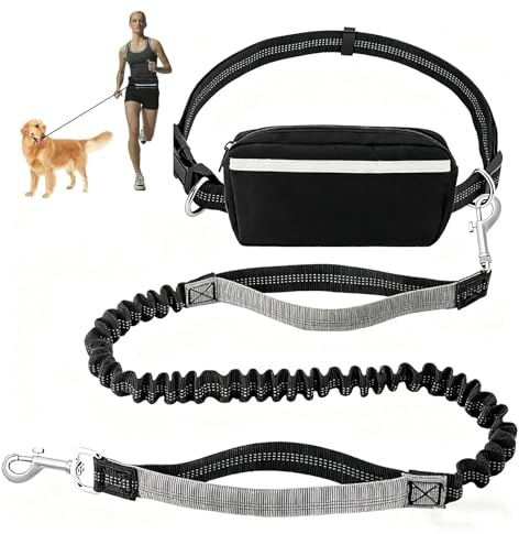 Hands Free Dog Lead with Dual Handles, Adjustable Waist Belt & Pouch, Shock Absorbing Bungee Dog Running Lead, No Tangle Shock Absorbing Reflective Stitching Leash for Walking Hiking Jogging (Black)